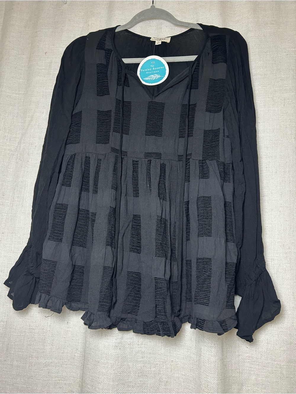 Umgee Black Boho Plaid Textured Babydoll Blouse NWT